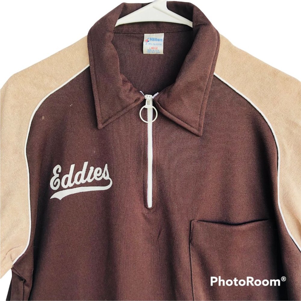 NOS Vtg Hilton Bowling Shirt Mens Sz L Brown Terry Cloth Polyester Qtr Zip Eddie